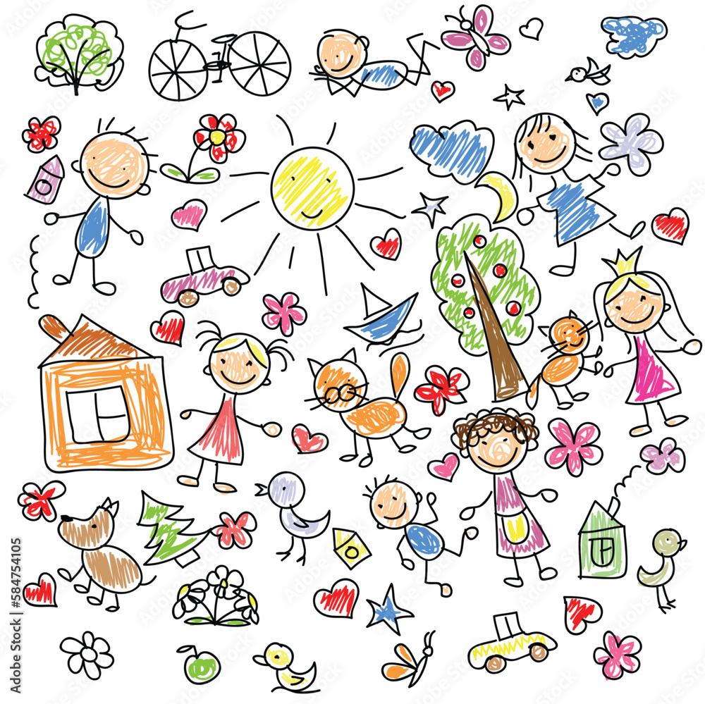 A set of children drawings. Kid doodle. Sun in the clouds, summer flowers and trees, painted houses, cute cat and other black white elements. Vector illustration on white background. A set of children drawings. Kid doodle. Sun in the clouds, summer flowers and trees, painted houses, cute cat and other black white elements. Vector illustration on white background.