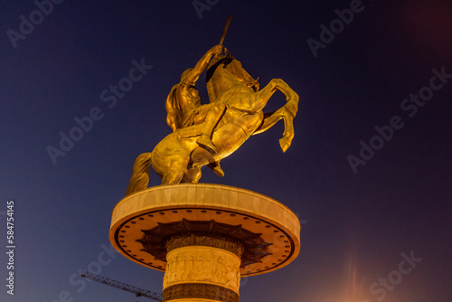 SKOPJE, NORTH MACEDONIA - AUGUST 9, 2019: Alexander the Great (Warrior on a horse) monument on the Macedonia square in Skopje, North Macedonia photo