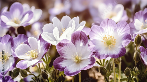 Purple and white crocus spring flowers closeup macro. Generative AI