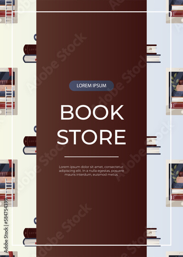 Promo flyer with electronic ebook reader, stack of books, cup of tea. Bookstore, bookshop, library, book lover, bibliophile, education. A4 vector illustration for poster, banner, flyer, cover