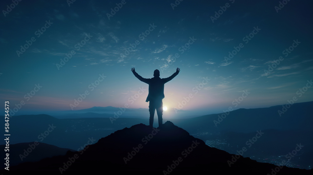 silhouette of a person on the top of mountain, spreading the arms, freedom and  life success concept, generative ai