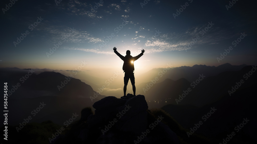 silhouette of a person on the top of mountain, spreading the arms, freedom and  life success concept, generative ai
