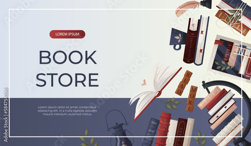 Promo banner with stack of books, globe, inkwell quill, plant, lantern, ebook. World book day. Bookstore, bookshop, library, book lover, bibliophile, education. Vector for poster, cover, advertising
