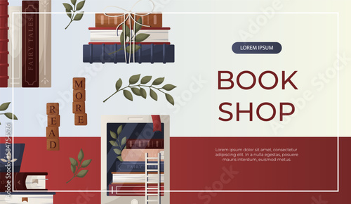 Promo banner with stack of books, globe, inkwell quill, plant, lantern, ebook. World book day. Bookstore, bookshop, library, book lover, bibliophile, education. Vector for poster, cover, advertising