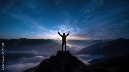 silhouette of a person on the top of mountain, spreading the arms, freedom and  life success concept, generative ai © Gbor