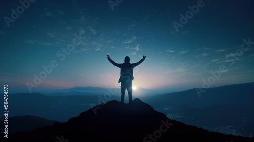 silhouette of a person on the top of mountain  spreading the arms  freedom and  life success concept  generative ai
