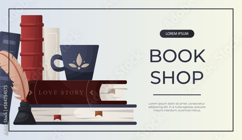 Promo banner with stack of books with cup of tea, inkwell. World book day. School books pile. Bookstore, bookshop, library, book lover, bibliophile, education. Vector for poster, cover, advertising