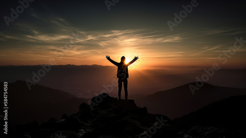 silhouette of a person on the top of mountain, spreading the arms, freedom and life success concept, generative ai