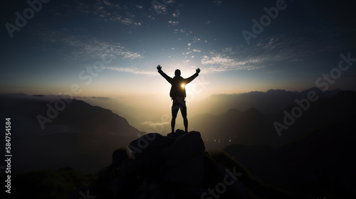 silhouette of a person on the top of mountain  spreading the arms  freedom and  life success concept  generative ai