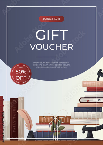 Promo gift voucher flyer with eading bookshelve with stack of books, globe, inkwell with a quill Bookstore, bookshop, library, book lover, bibliophile, education. A4 vector for poster, banner, flyer