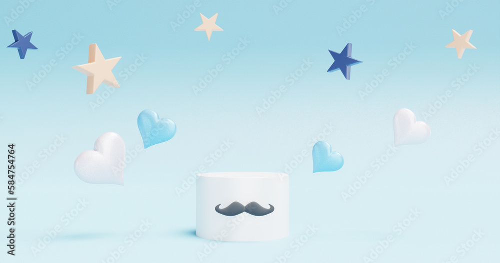 Father's Day. Product demonstration on podium pedestal with mustache. 3D rendering Father's Day. Product demonstration on podium pedestal with mustache. 3D rendering