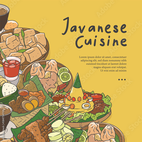 Javanese cuisine hand drawn illustration vector. Indonesian food set collection for background