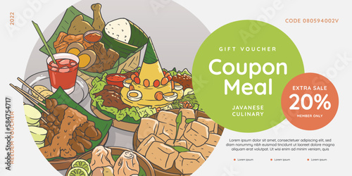 Food gift voucher discount order menu javanese food hand drawn vector 