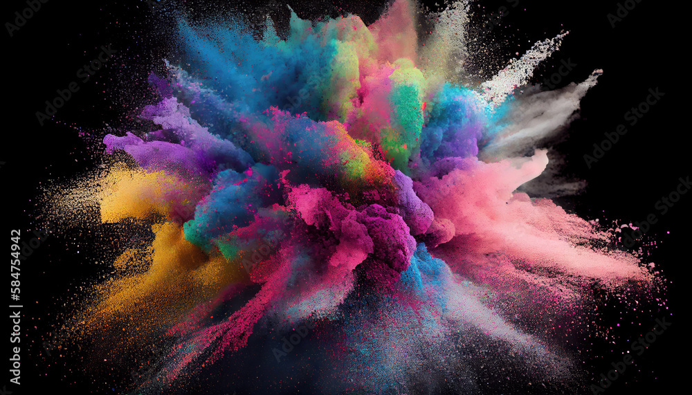 Multi-color powder explosion on black background with Generative AI Technology