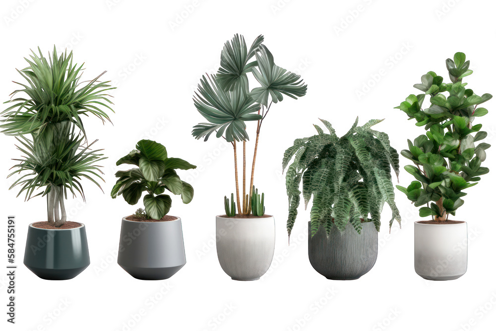 A set of house plants in a pot isolated on white background transparent png. Generative AI