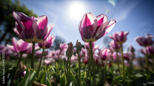 A bright morning shot from a low angle featuring pink, purple, and white tulip petals in natural light, Created with generative Ai Technology.
