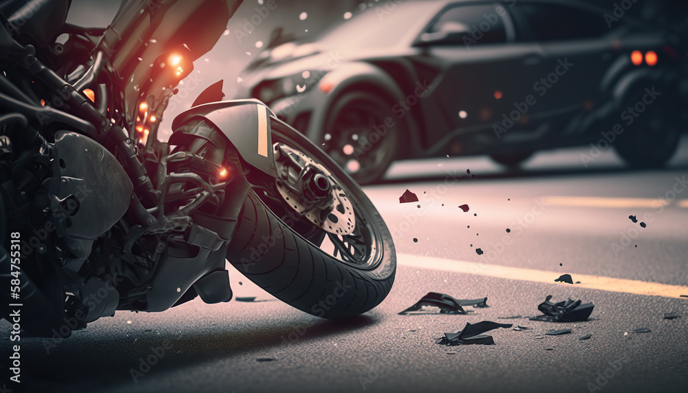 Motorcycle crash road accident with broken motorbike. City background. Banner with copy space. AI generative image. - obrazy, fototapety, plakaty 