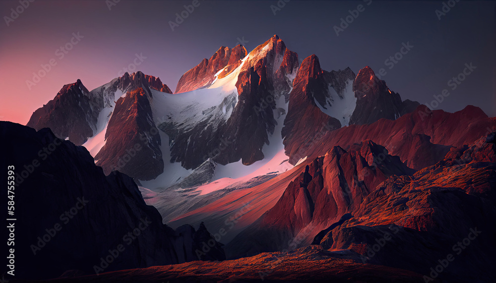 High altitude mountain  landscape at dawn with first light glowing with Generative AI Technology