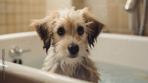 Cute puppy dog in a bathtub. Pets cleaning. Generative AI