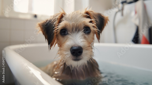 Cute puppy dog in a bathtub. Pets cleaning. Generative AI