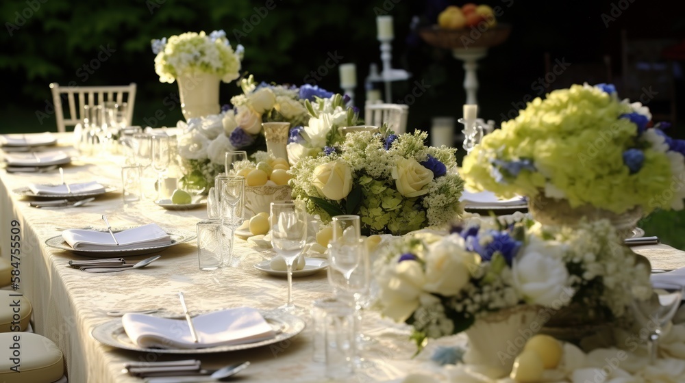 Luxurious outdoor table setting with beautiful decorative flowers and dishware. Wedding or other event celebrate illustration. AI generative image.