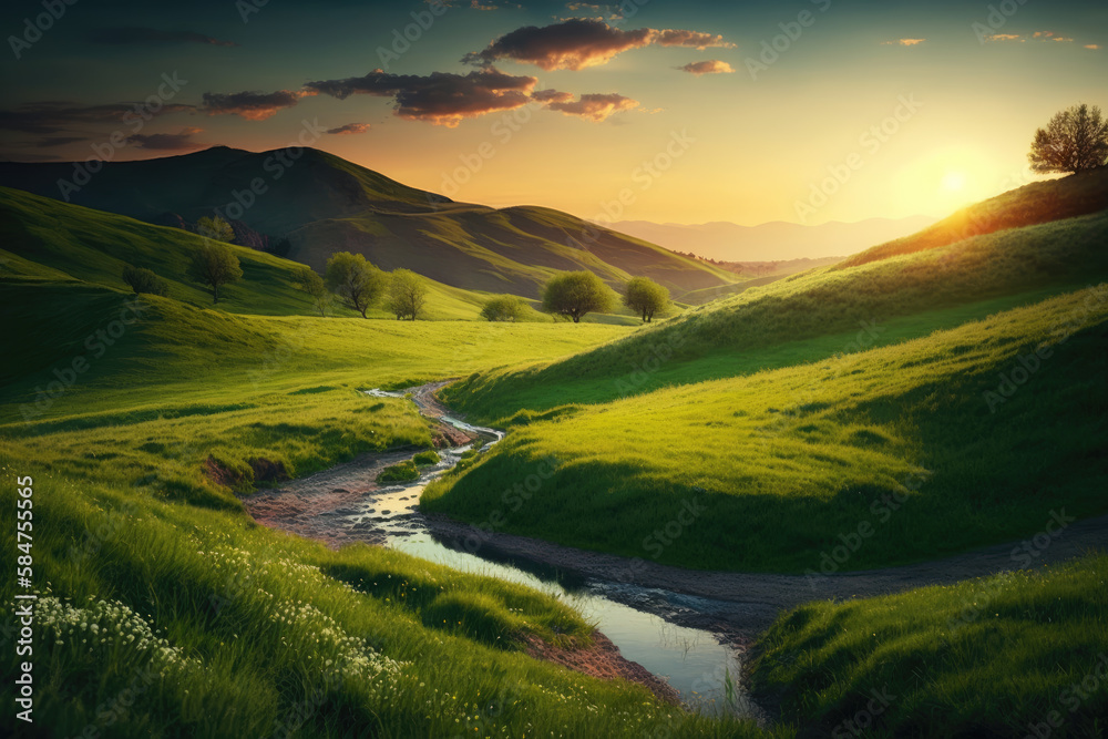small stream flowing through a grassy field at sunset. Generative AI