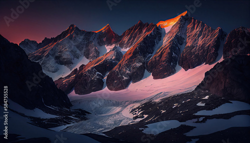 High altitude mountain  landscape at dawn with first light glowing with Generative AI Technology © LightoLife