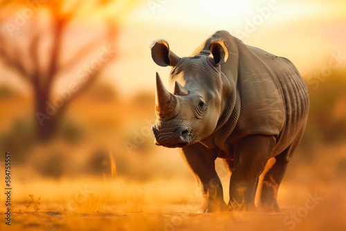Rhinoceros is walking in savanna at warm sunny day. Generative AI.
