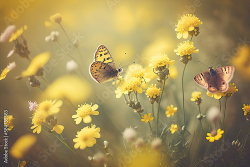 butterflies on yellow flowers. Generative AI © jr-art