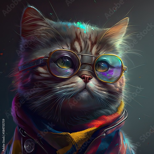 Closeup portrait illustration clolorful cat wearing sunglasses. Generative Ai. photo