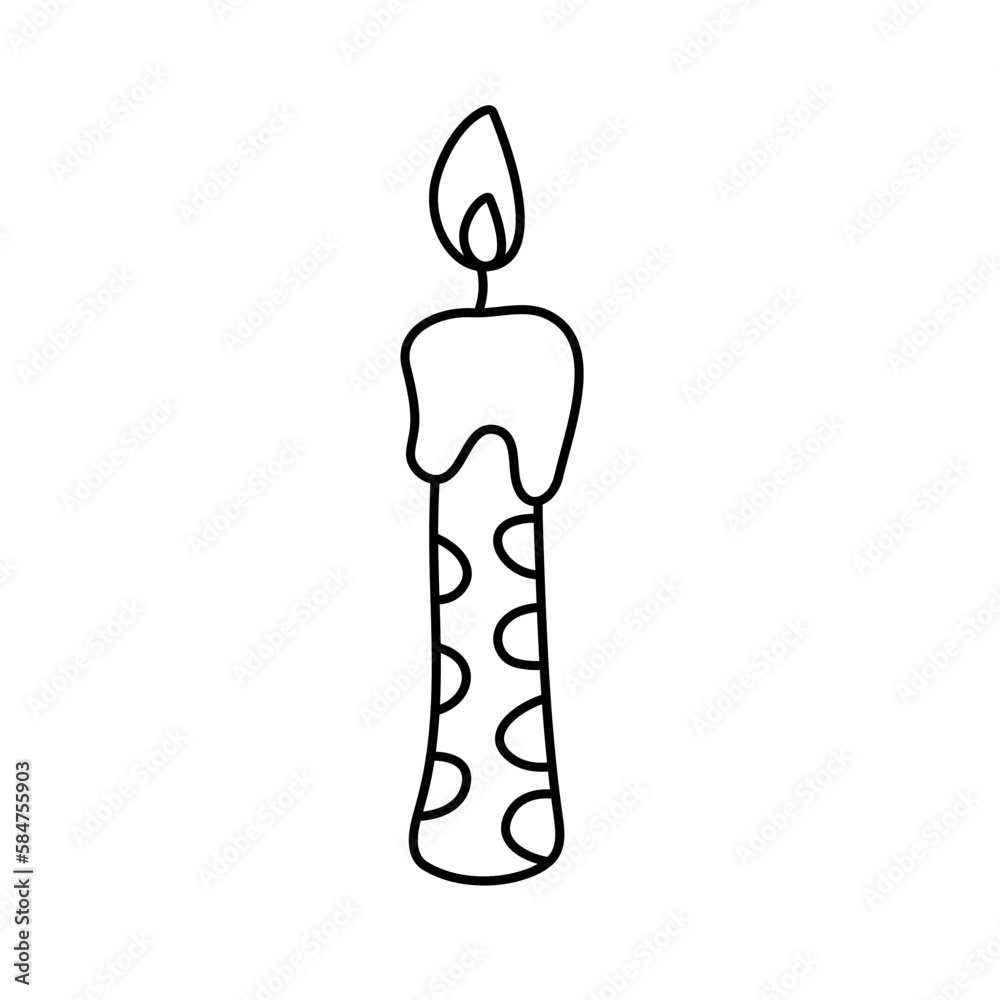 A lit candle with a pattern. Doodle vector black and white illustration. A lit candle with a pattern. Doodle vector black and white illustration.