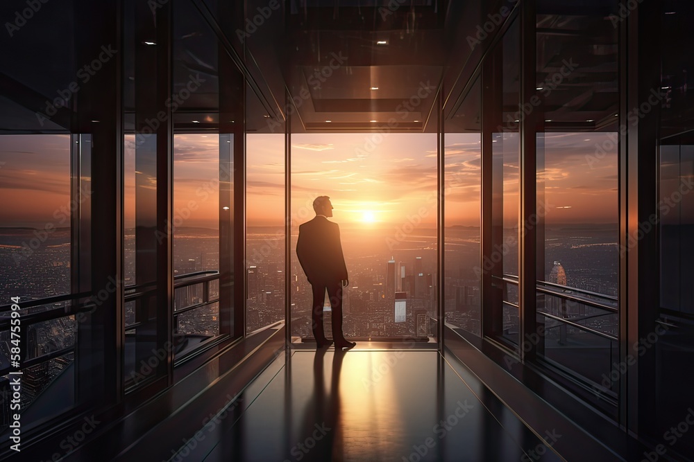 Back View of the Thoughtful Businessman wearing a Suit Standing in His Office, Contemplating Next Big Business Deal, Looking out of the Window. Big City Business District View. Generative Ai.