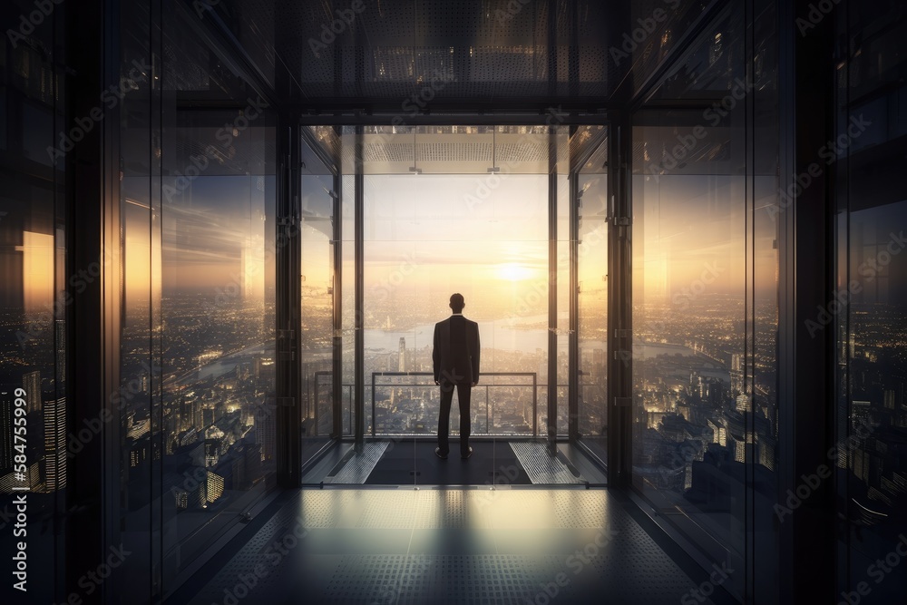 Back View of the Thoughtful Businessman wearing a Suit Standing in His Office, Contemplating Big Business Deal, Looking out of the Window. Big City Business District View. Non-existent Generative Ai. Back View of the Thoughtful Businessman wearing a Suit Standing in His Office, Contemplating Big Business Deal, Looking out of the Window. Big City Business District View. Non-existent Generative Ai.