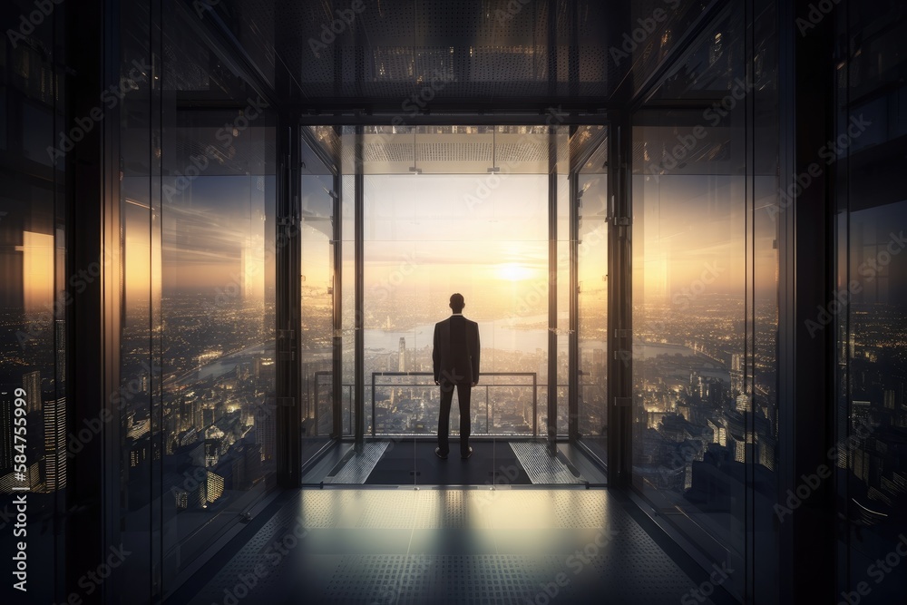 Back View of the Thoughtful Businessman wearing a Suit Standing in His Office, Contemplating Big Business Deal, Looking out of the Window. Big City Business District View. Non-existent Generative Ai.