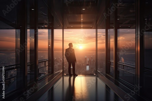 Back View of the Thoughtful Businessman wearing a Suit Standing in His Office, Contemplating Next Big Business Deal, Looking out of the Window. Big City Business District View. Generative Ai.