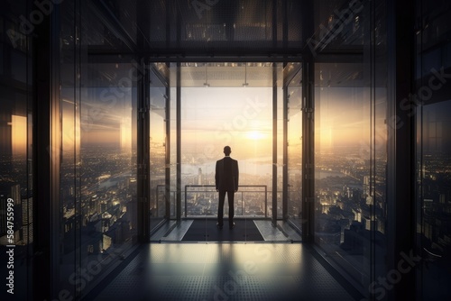 Back View of the Thoughtful Businessman wearing a Suit Standing in His Office, Contemplating Big Business Deal, Looking out of the Window. Big City Business District View. Non-existent Generative Ai.