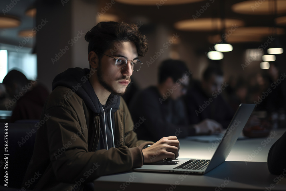 Young man using laptop at office. Fictional person. Generative AI