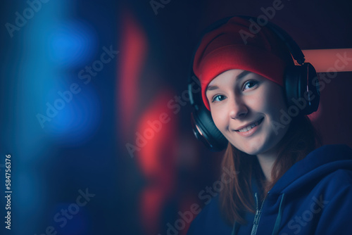 Gamer girl with headphones. Fictional person. Generative AI