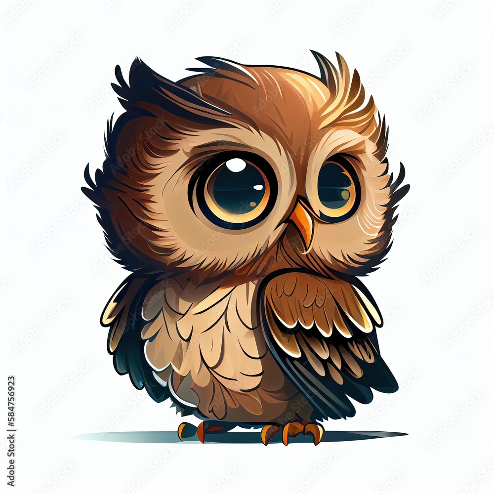 Fototapeta premium Cute owl cartoon vector bird character. Hand drawn vector illustration for t-shirt print design, greeting card. Isolated on white. Generative Ai.