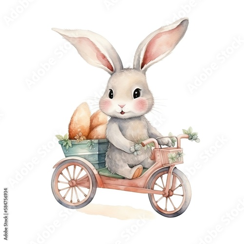 bicycle,bunny, Easter eggs. Watercolor clipart, on an isolated background, in cartoon style. Generative Ai