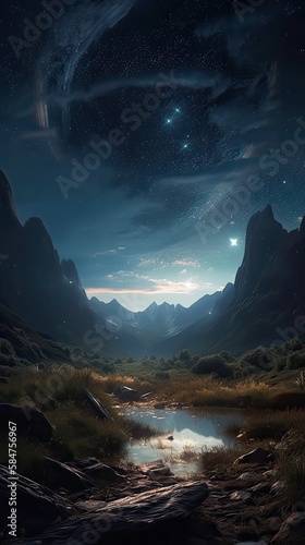 Milky Way and mountains at night. Beautiful landscape with bright milky way arch, rocky path, starry sky at night in Nepal. Trail in mountain valley, sky with stars. Generative Ai © Kowit