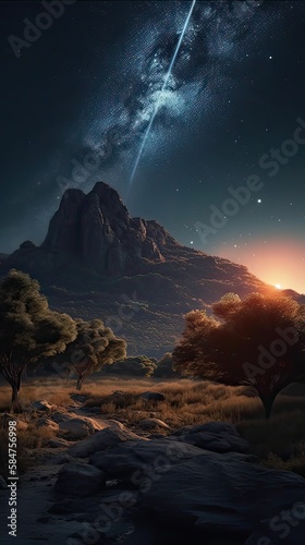 Milky Way and mountains at night. Beautiful landscape with bright milky way arch, rocky path, starry sky at night in Nepal. Trail in mountain valley, sky with stars. Generative Ai