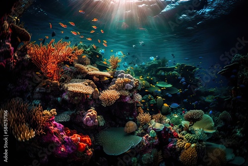 Animals of the underwater sea world. Ecosystem. Colorful tropical fish. Life in the coral reef. Generative Ai.