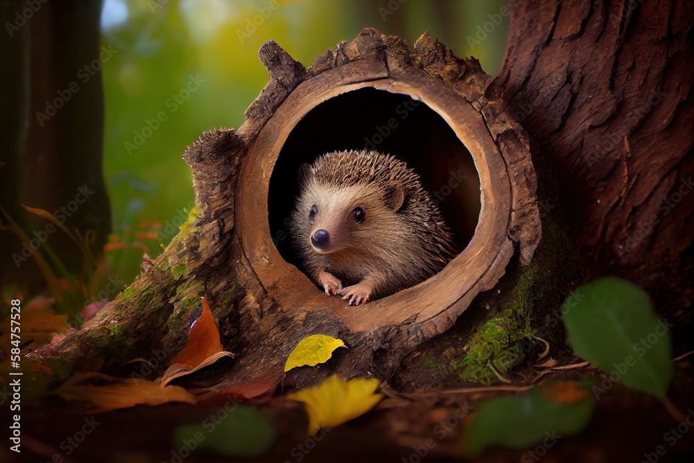 little hedgehog in forest a tree hole. Generative AI. Digital Art Illustration Stock