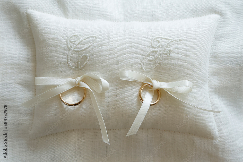 coppia di fedi da matrimonio isolate su un cuscinetto chiaro coppia di fedi da matrimonio isolate su un cuscinetto chiaro