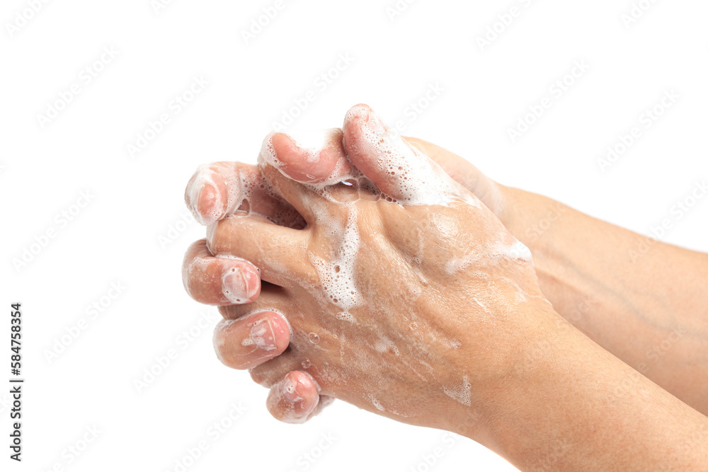 Fototapeta premium Washing men's hands with soap. Personal hygiene concept, hand washing.