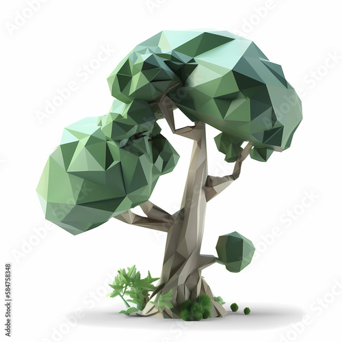abstract lowpoly green 3d tree with white background