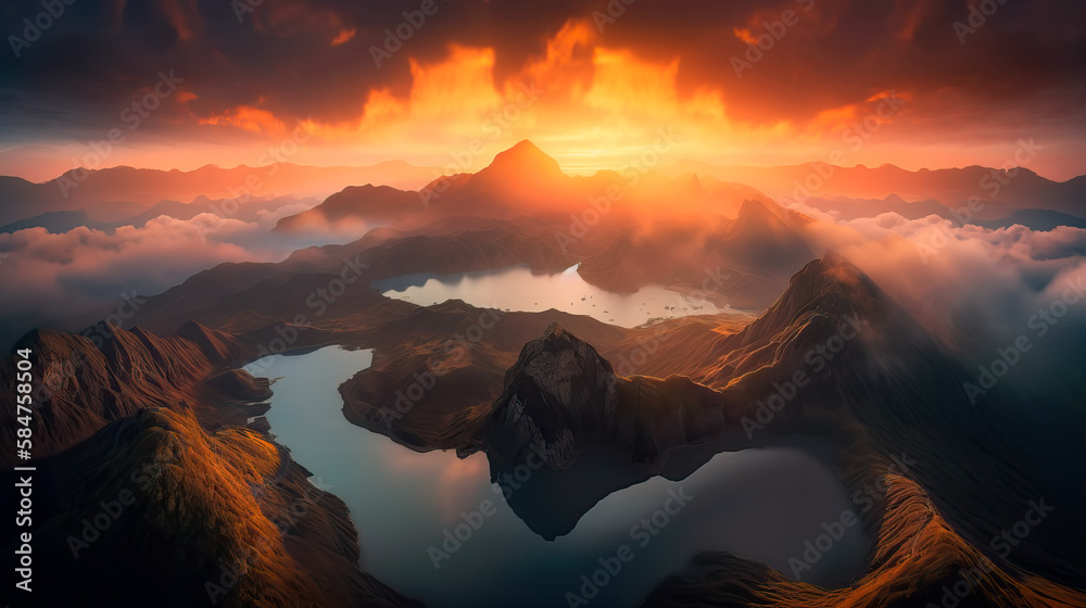  beautiful aerial sunset over the mountains, AI generative
