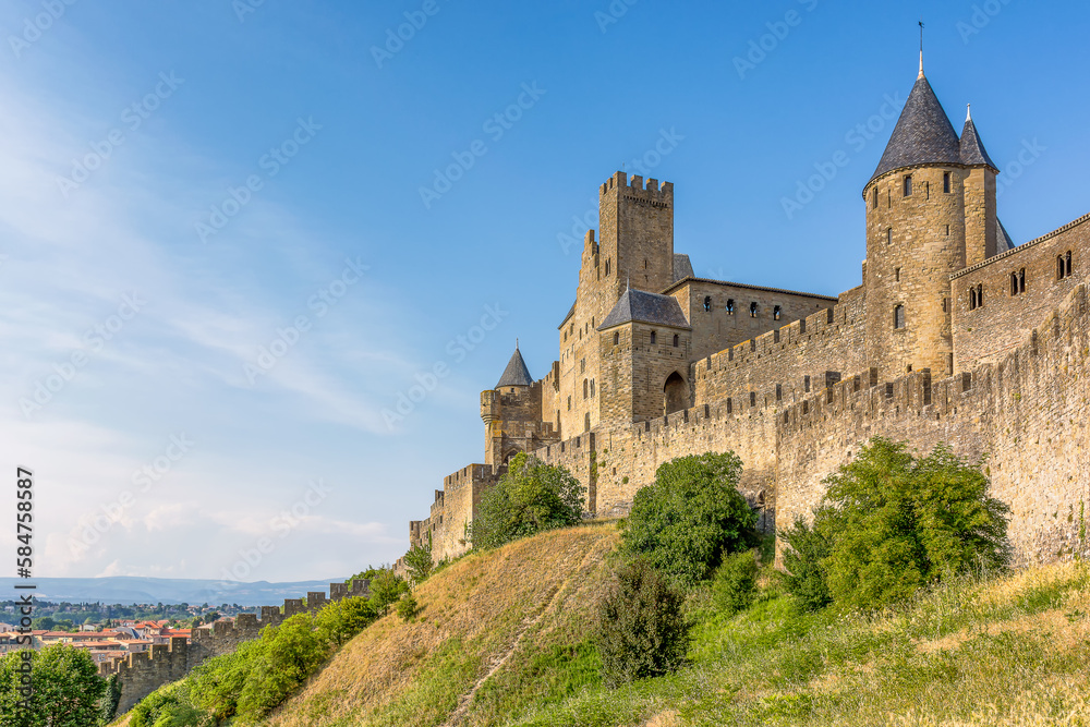 Scenic view of Carcassone medieval city in France against summer sky 