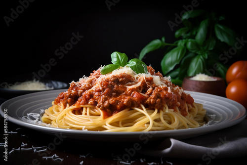 A delectable photograph of a plate of spaghetti bolognese, with the steaming pasta strands intertwined with a rich, hearty meat sauce, topped with a sprinkling of grated Parmesan cheese and garnished 